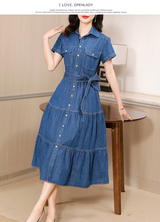 Vestido Camisero de Algodón con Falda Larga y Detalle Denim - Image 13