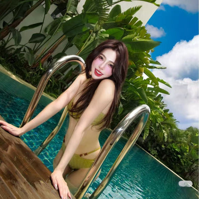 Olive green two-piece bikini with textured fabric and decorative wooden beads on the top and bottom, modeled by a woman. - Image 4