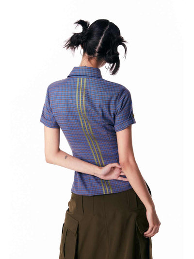 Blusa Retro a Cuadros con Mangas Cortas para Mujer - Image 4