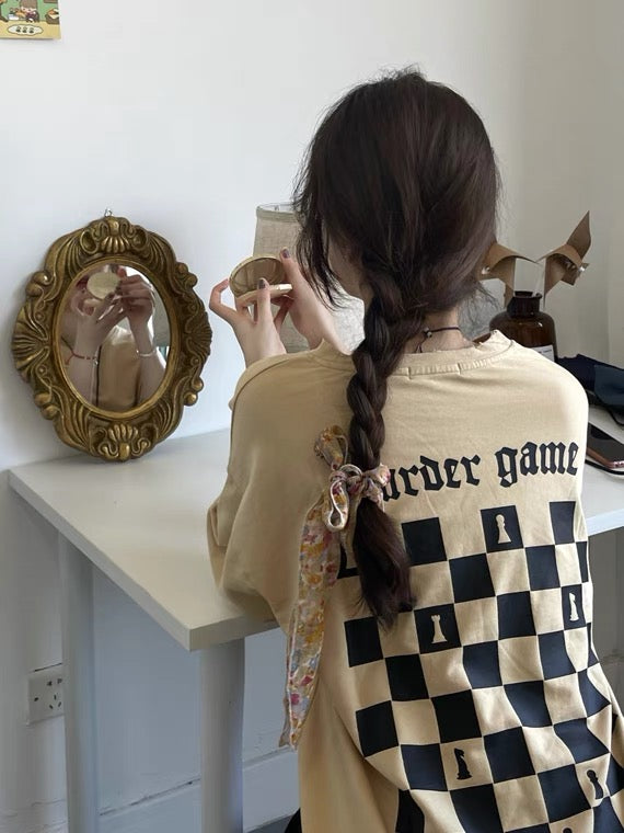 Camiseta Oversized Retrô Xadrez Estilo Americano Feminina
