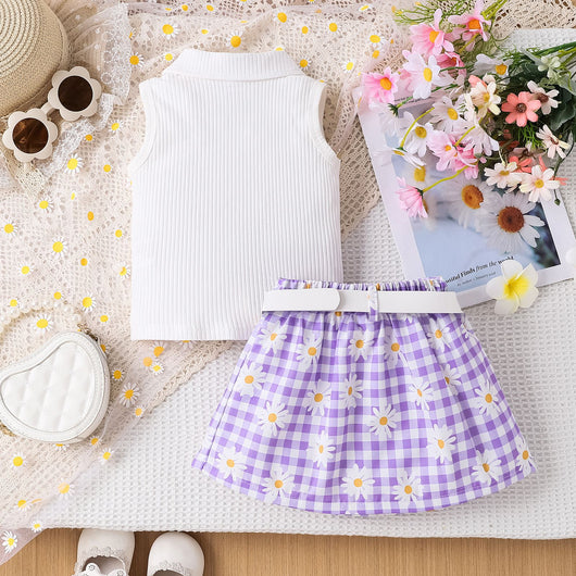 Conjunto de Tres Piezas para Niña: Top Sin Mangas a Rayas con Falda Cuadros Margarita y Cinturón - Image 15