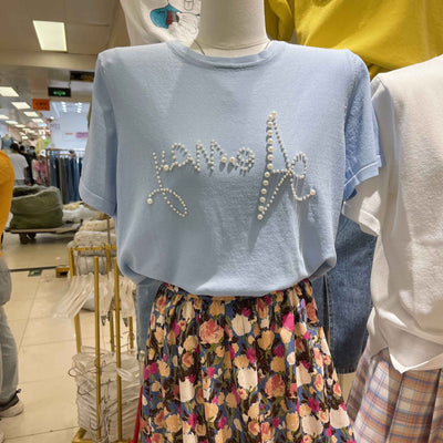 Camiseta Suelta Cuello Redondo con Perlas y Letras Estampadas - Image 8