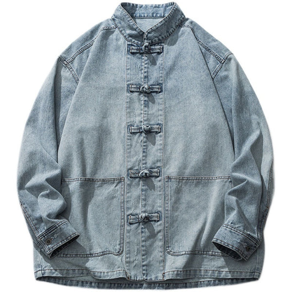 Camisa Denim Unisex con Cuello Parado y Botones Rana Retro