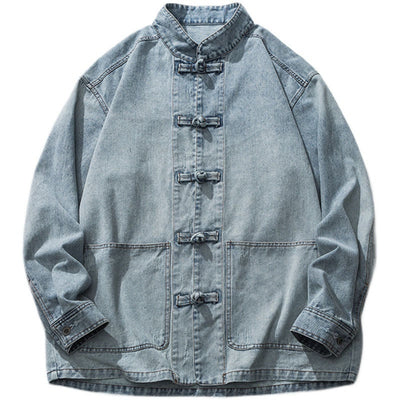Camisa Denim Unisex con Cuello Parado y Botones Rana Retro