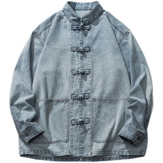 Camisa Denim Unisex con Cuello Parado y Botones Rana Retro
