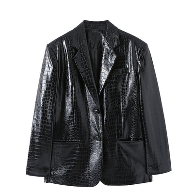 Blazer de Cuero con Patrón Otoñal para Mujer - Corte Holgado - Image 11