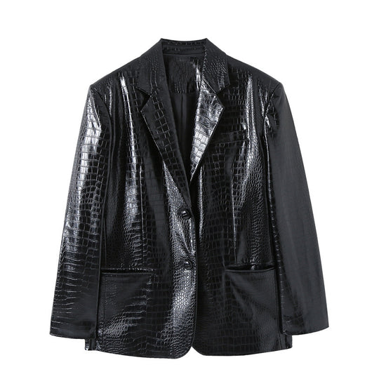 Blazer de Cuero con Patrón Otoñal para Mujer - Corte Holgado - Image 11