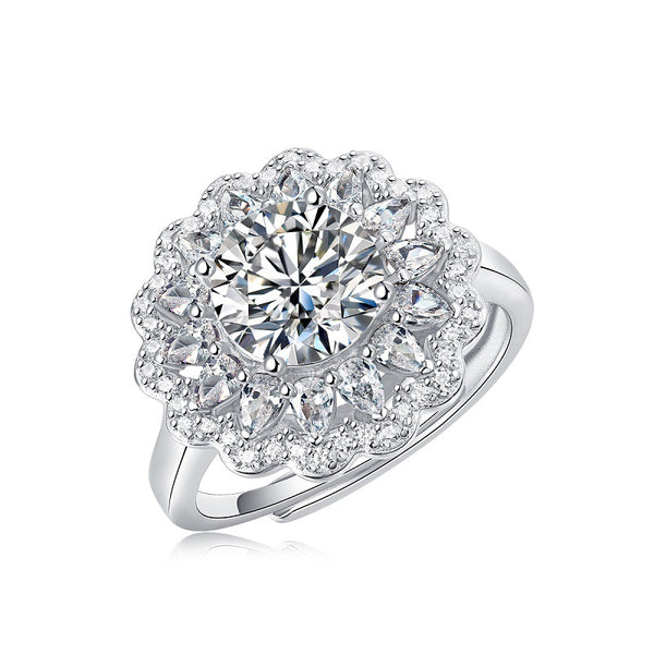 Anillo de Plata S925 con Moissanita Floral Ajustable para Mujer