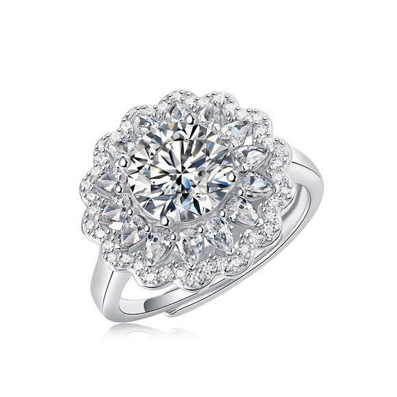 Anillo de Plata S925 con Moissanita Floral Ajustable para Mujer
