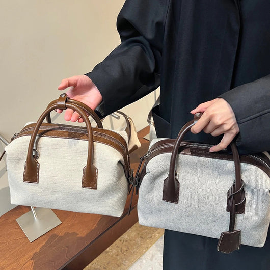 Bolso Casual de Cuero Bowling con Contraste de Lino Premium
