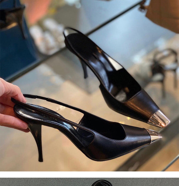 Zapatos Stiletto con Punta Cuadrada en Cuero y Metal