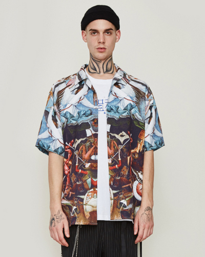 Camisa Suelta de Manga Corta con Estampado Literario para Hombre - Image 3