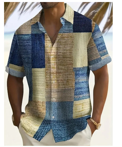 Camisa de Playa Hombre Rayas Plumas - Manga Corta Botones Casual Verano - Image 19
