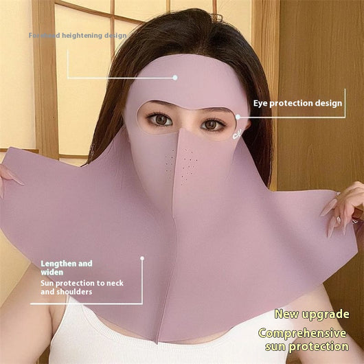 Light gray ice silk full face sun protection mask with neck coverage and ear hooks, offering UPF 50+ UV protection. - Image 13