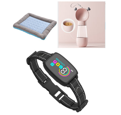 Smart automatic anti-barking dog collar with digital display, portable pet water bottle with food compartment, and a rectangular pet bed. - Image 10