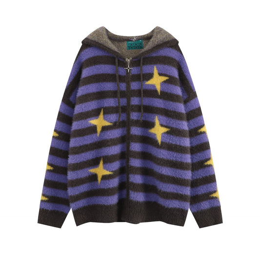 Cardigan Suelto Rojo a Rayas con Capucha y Cierre