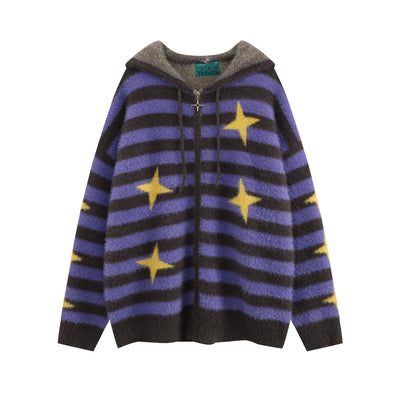 Cardigan Suelto Rojo a Rayas con Capucha y Cierre