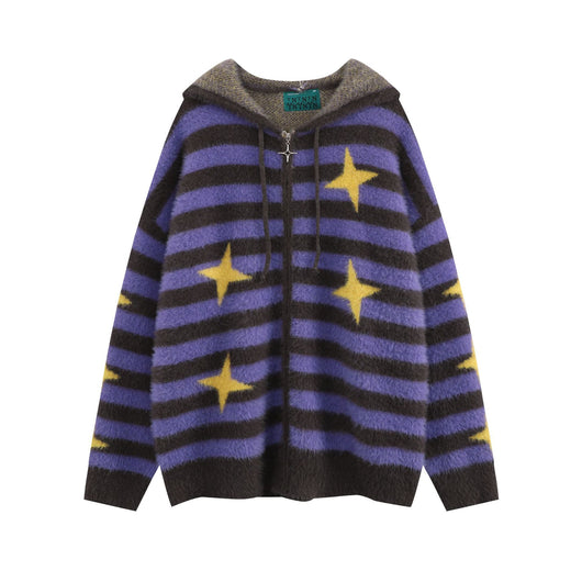 Cardigan Suelto Rojo a Rayas con Capucha y Cierre