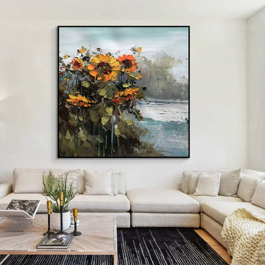 Cuadro Óleo Abstracto Paisaje Rural con Girasoles - Arte Campestre Pintado a Mano