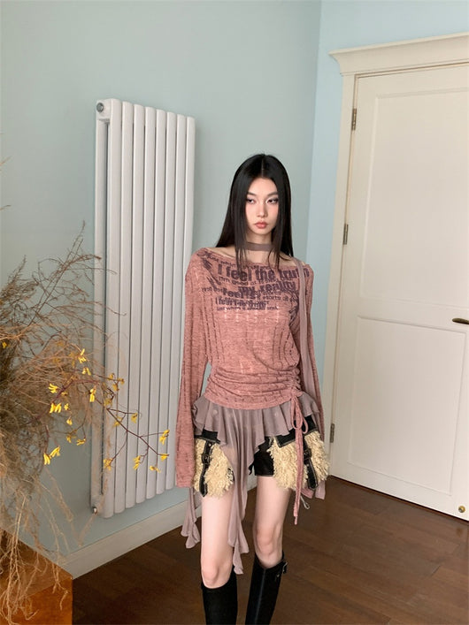 Blusa Tejida con Cuello Volante y Estampado Graffiti Hueco para Mujer - Image 16