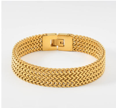 Pulsera de Oro para Hombre con Placa Curva y Diseño de Malla - Brazalete Hip-hop Elegante - Image 11