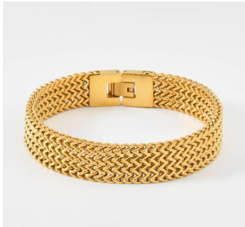 Pulsera de Oro para Hombre con Placa Curva y Diseño de Malla - Brazalete Hip-hop Elegante - Image 11