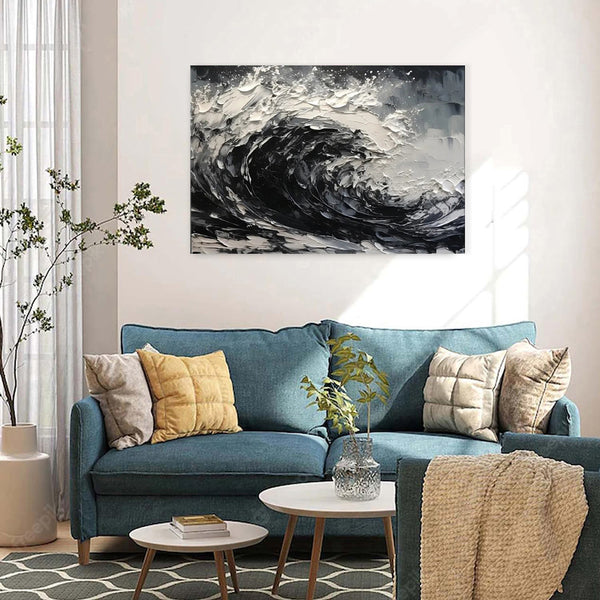 Cuadro Abstracto Moderno en Lienzo - Pintura al Óleo Texturizada Blanco y Negro sin Marco