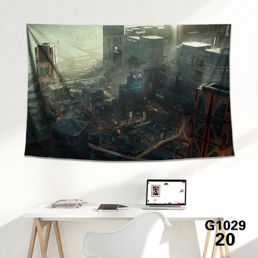 Cyberpunk 2077 tapestry featuring V and Jackie Welles with a neon-lit futuristic city skyline background. - Image 35