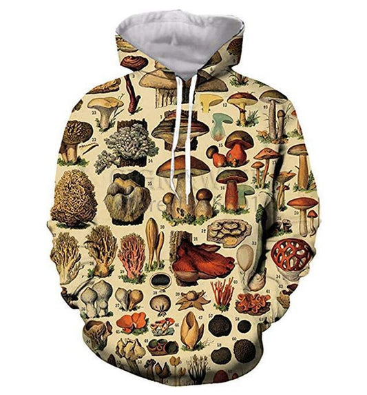 Sudadera Hoodie Suelta Estampada con Diseño de Hongos para Hombre