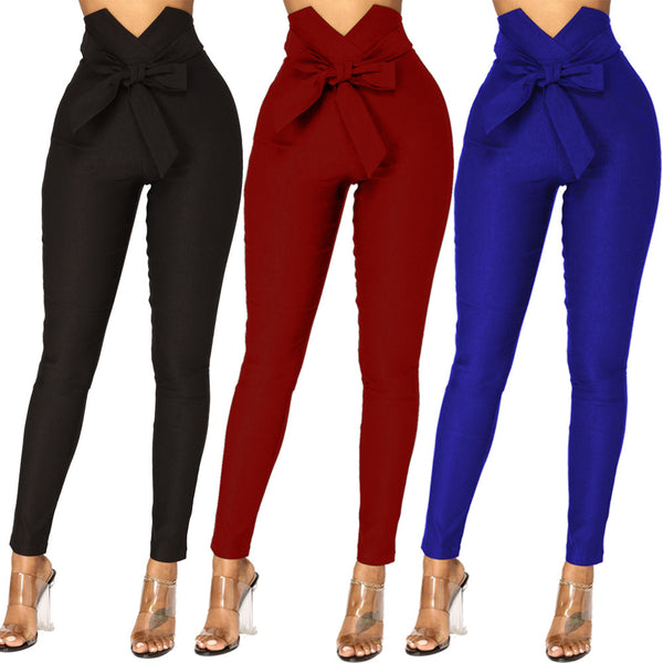 Pantalones Slim Elásticos con Detalle de Moño Europeo-Americano