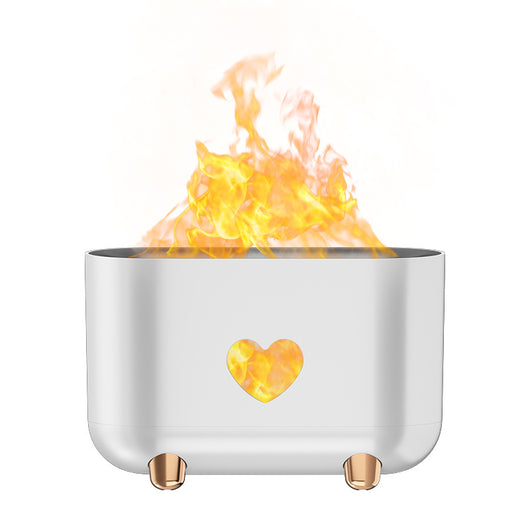 Black flame effect humidifier with a heart-shaped control panel, featuring power, timer, and light functions, on rose gold feet. - Image 8