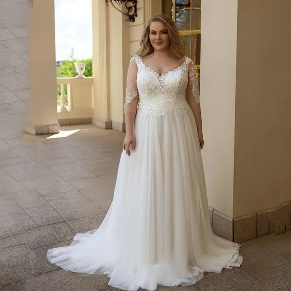 Vestido de Novia Talla Grande Escote V Encaje y Falda Voluminosa - Image 6
