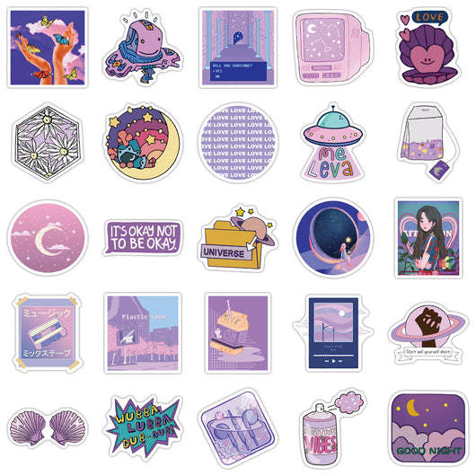 Set of 50 purple-themed graffiti stickers featuring diverse cartoon and aesthetic designs for personalization. - Image 4