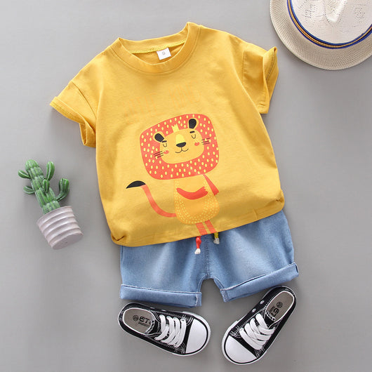 Conjunto de Camiseta Manga Corta Cuello Redondo Estampado León Cartoon para Niño - Image 4