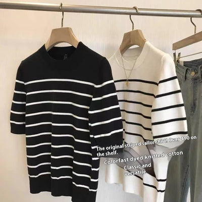 Blusa Tejida de Rayas con Cuello Redondo y Manga Corta para Mujer - Image 8