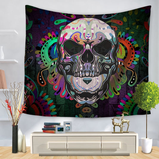Purple and black tapestry featuring a stylized skull design with glowing orange eyes and intricate patterns, hung on a wall. - Image 2