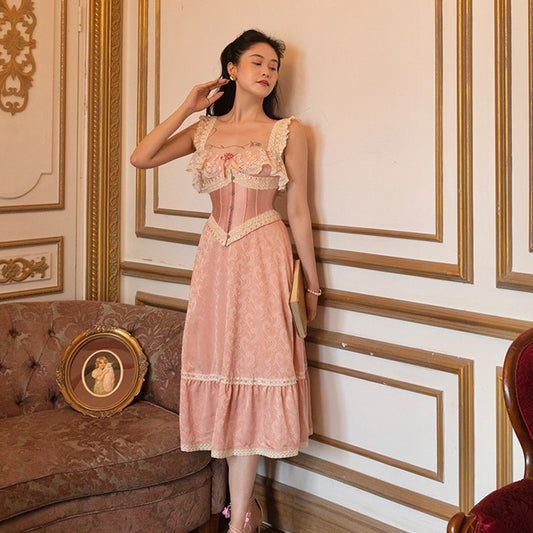 Vestido de Niña con Encaje Francés Medieval y Tirantes