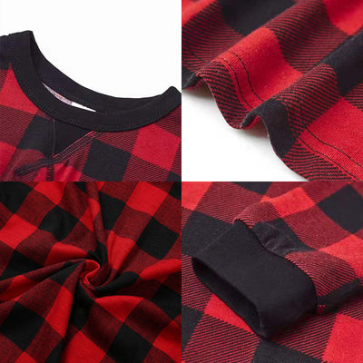 Red and black plaid long-sleeve family pajamas, including adult, child, and baby sizes, with festive accessories. - Image 11
