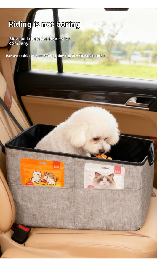 Beige pet car seat with a small white dog inside, secured to a car's passenger seat, designed for safe travel. - Image 21