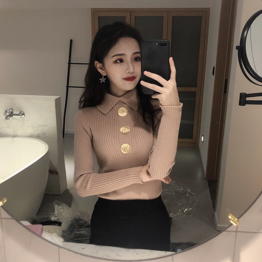 Suéter Tipo Camisa con Cuello Alto y Botones para Mujer - Image 9