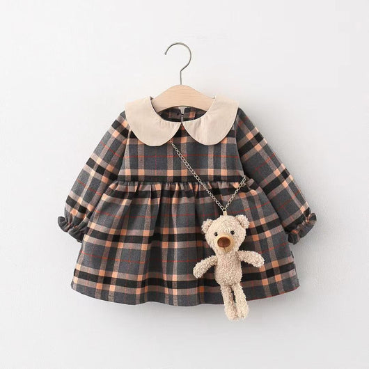 Vestido Cuadros Coreano con Bolsa Osito para Niñas