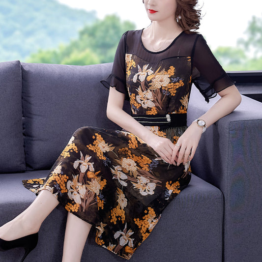 Vestido Estampado Floral Coreano para Mujer - Corte Slim Cintura Ajustada Largo Midi