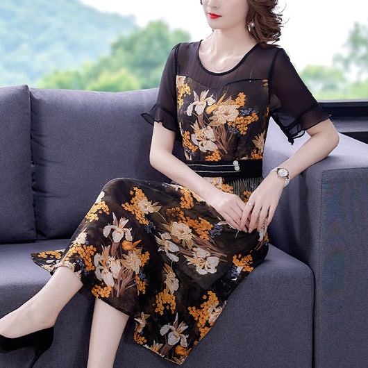 Vestido Estampado Floral Coreano para Mujer - Corte Slim Cintura Ajustada Largo Midi