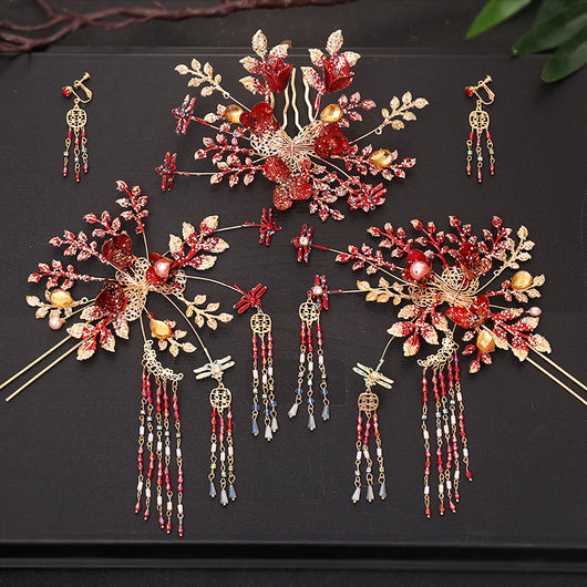 Tocado Estilo Antiguo con Flores Rojas y Flecos - Corona de Pelo Nupcial - Image 18