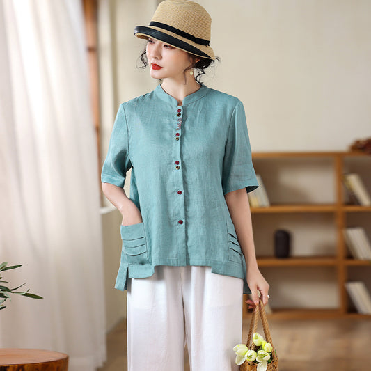 Blusa Vintage de Lino con Cuello Parado para Mujer