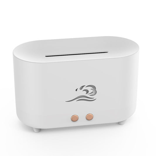 White simulated flame humidifier with a golden wave logo, emitting orange light and mist, on a dark green background. - Image 2