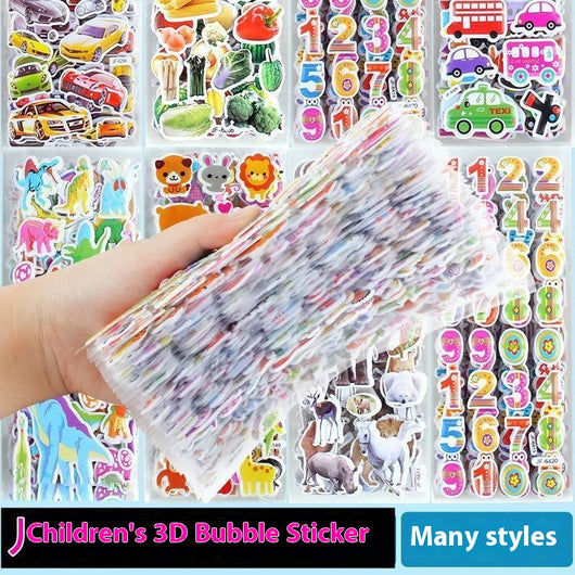 A hand holds a large stack of colorful 3D bubble stickers, with sheets featuring cars, vegetables, numbers, and animals. - Image 5