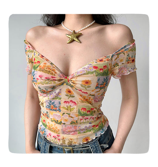 Blusa Estampada con Flores al Óleo, Cuello en V y Manga Corta de Malla para Mujer - Image 8