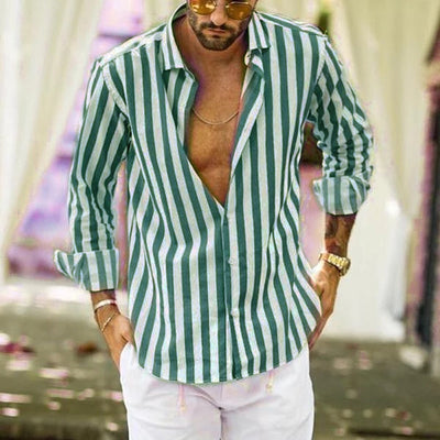 Camisa Casual de Manga Larga a Rayas con Solapa y Forro - Image 11