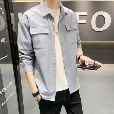 Camisa Holgada de Manga Larga con Bolsillos - Colores Sólidos para Hombre - Image 9